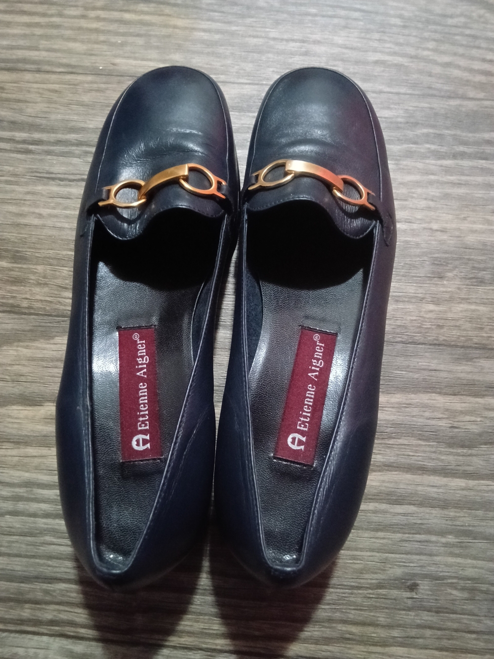 Etienne Aigner Black Leather Loafers with Gold Hardware